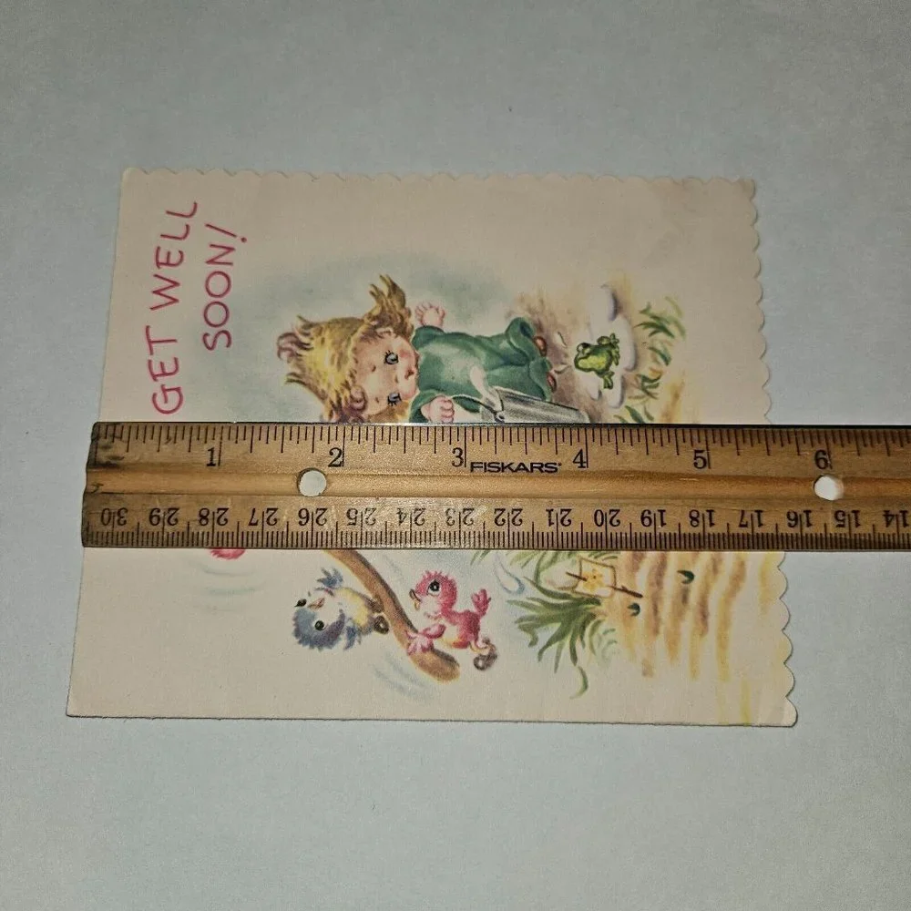 VTG Get Well Soon Greeting Card Boy Bird Water Scalloped Harry Doehla NEVER USED